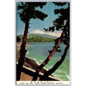 Vintage Japanese Postcard – View of Mt. Fuji from Okitsu Beach – Scenic Coastal